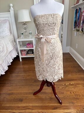 Adrianna Papell Strapless Lace Sheath Dress in Champagne Beige with Satin Bow